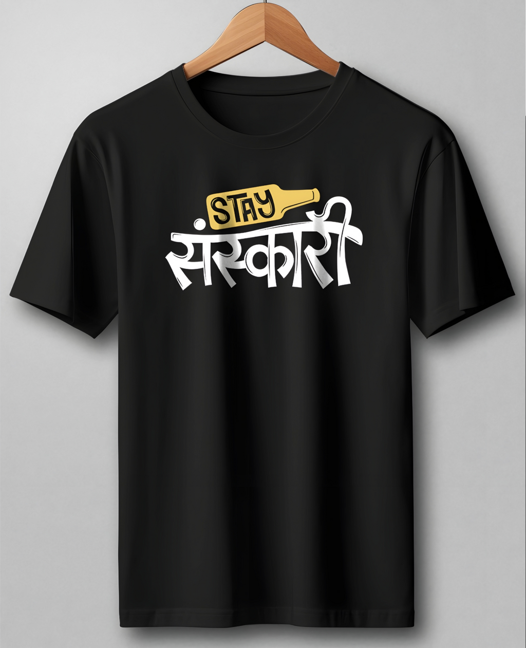 Stay Sanskari Black Regular T Shirt