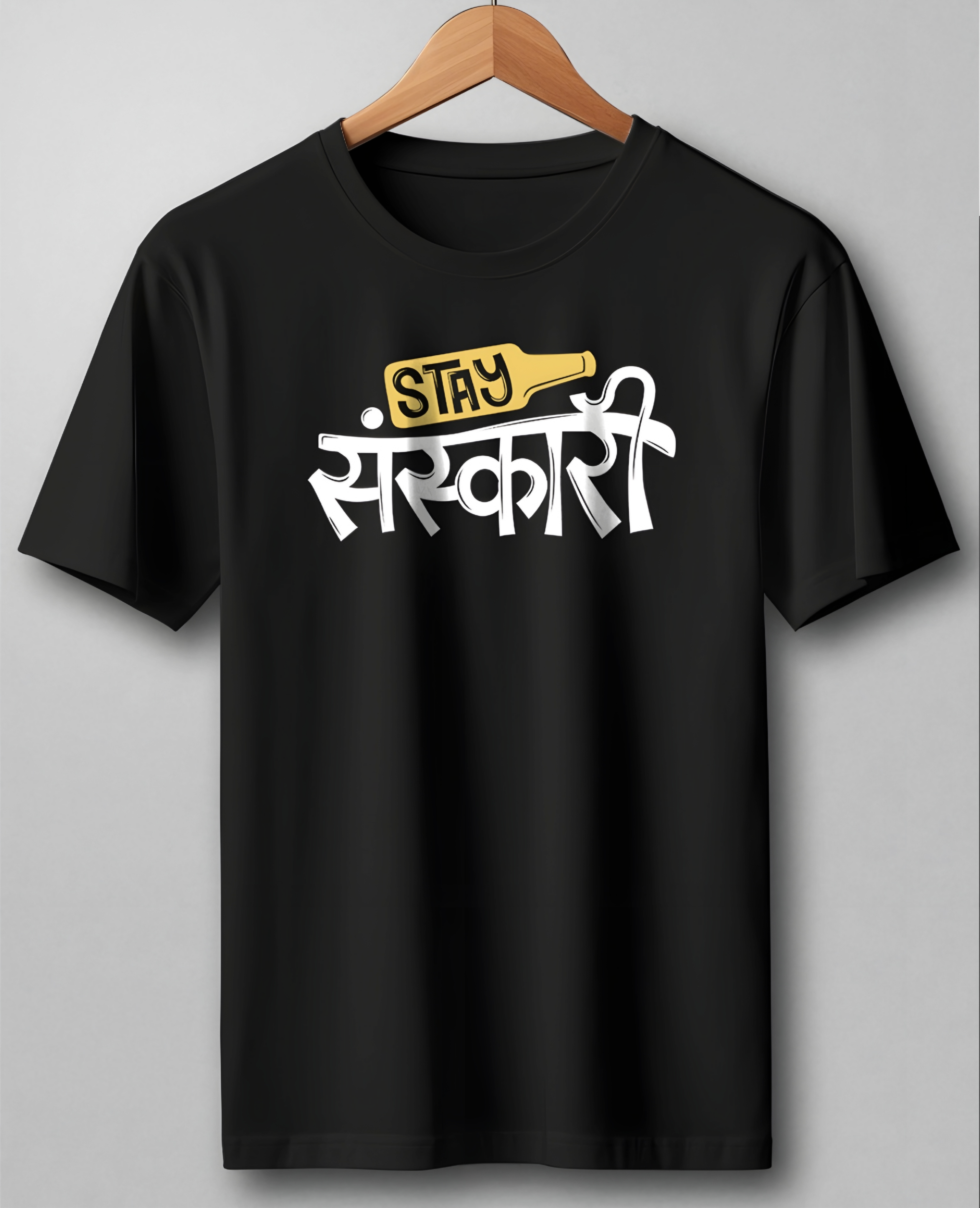 Stay Sanskari Black Regular T Shirt