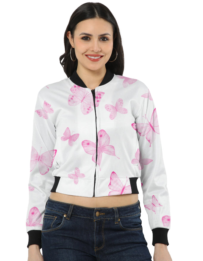 Fluttering Fantasy: Women's Pink Butterfly Print AOP Bomber Jacket